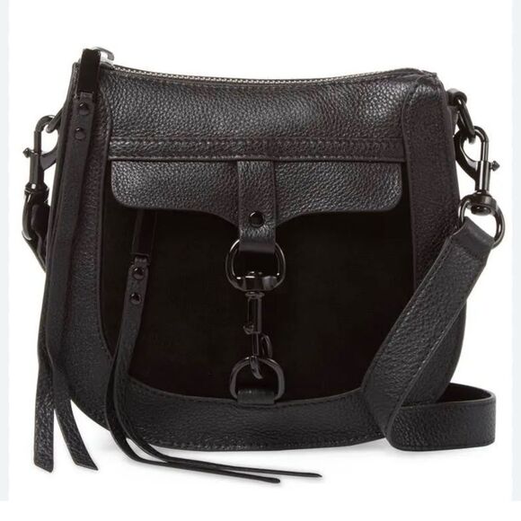 Rebecca Minkoff Dog Clip Leather & Suede‎ Saddle Crossbody Bag, Black, NWOT - Picture 1 of 4